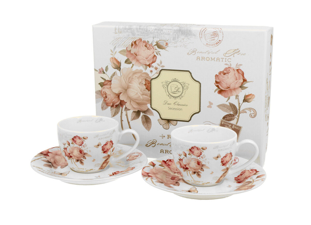 DUO FLORAL 2er-Set Espressotassen 90 ml SECESSION mit Untertassen, New Bone China Porzellan