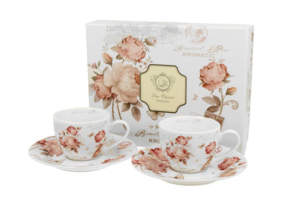 DUO FLORAL 2er-Set Espressotassen 90 ml SECESSION mit Untertassen, New Bone China Porzellan