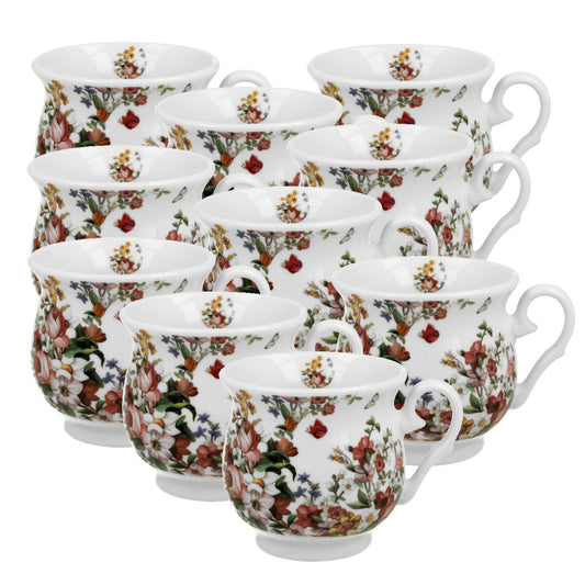 10er SET DUO FLORAL Becher 400 ml VINTAGE FLOWERS WHITE New Bone China Porzellan