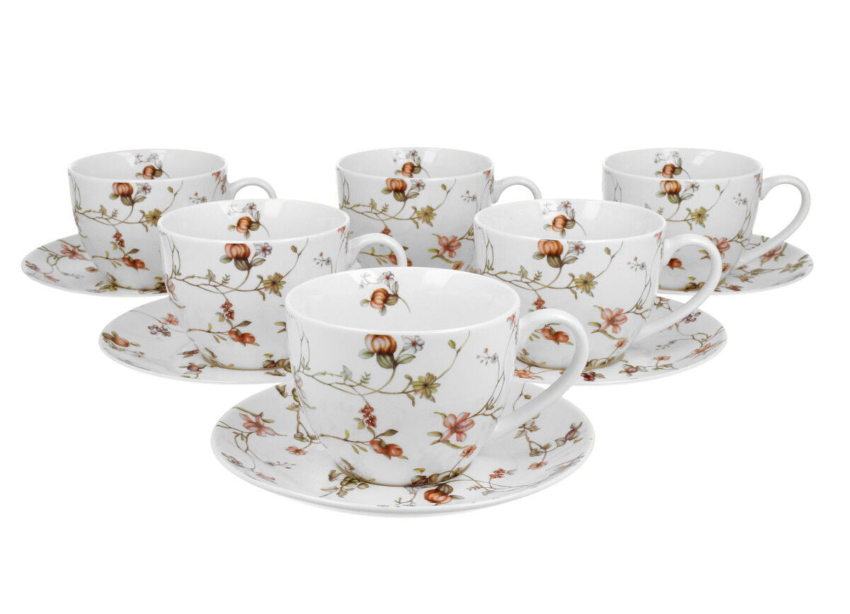DUO FLORAL 6er-Set Tassen 220 ml SAFA mit Untertassen, New Bone China Porzellan