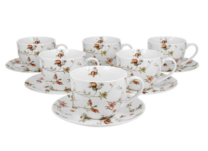 DUO FLORAL 6er-Set Tassen 220 ml SAFA mit Untertassen, New Bone China Porzellan