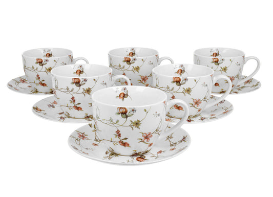 DUO FLORAL 6er-Set Tassen 220 ml SAFA mit Untertassen, New Bone China Porzellan