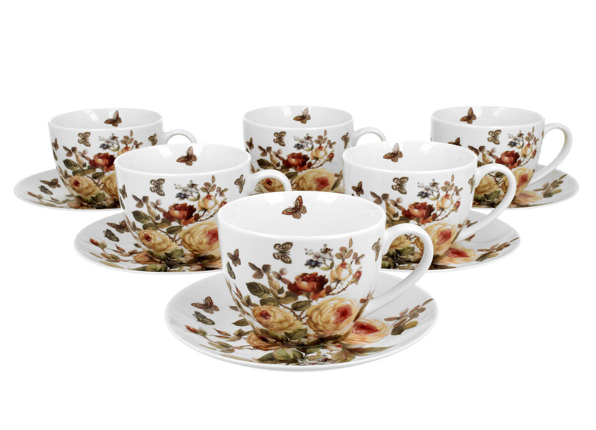 DUO FLORAL 6er-Set Tassen 220 ml ZAHRA mit Untertassen, New Bone China Porzellan
