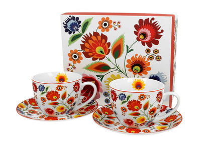 DUO ETNO 2er-Set Tassen 280 ml ŁOWICZ mit Untertassen, New Bone China Porzellan