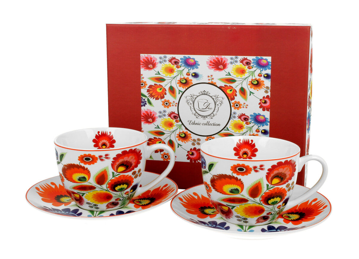 DUO ETNO 2er-Set Tassen 280 ml ŁOWICZ mit Untertassen, New Bone China Porzellan – Bild 6