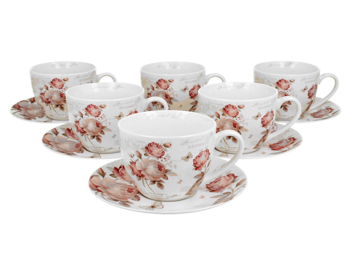 DUO FLORAL 6er-Set Tassen 220 ml SECESSION mit Untertassen, New Bone China Porzellan