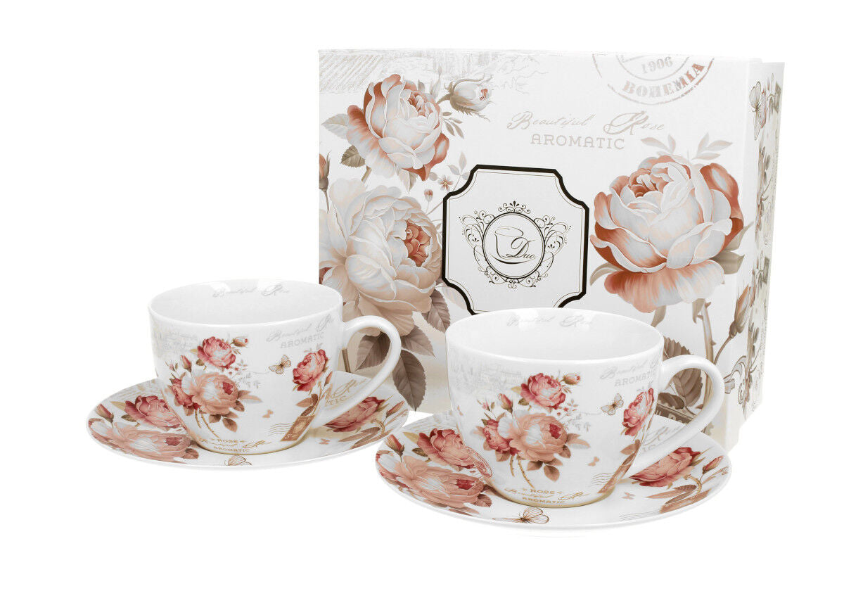 DUO FLORAL 2er-Set Tassen 280 ml SECESSION mit Untertassen, New Bone China Porzellan