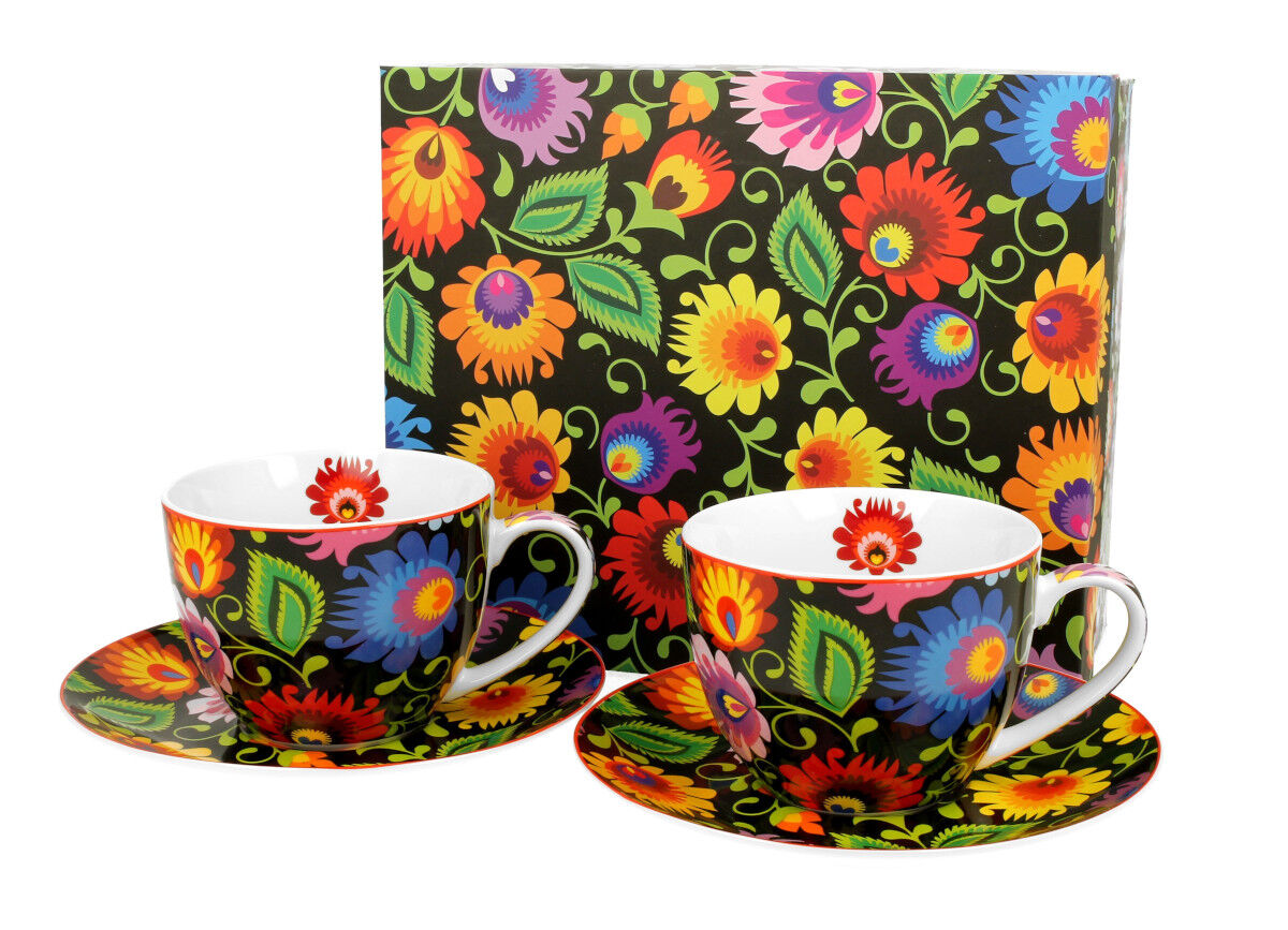 DUO ETNO 2er-Set Tassen 250 ml ETNIC mit Untertassen, New Bone China Porzellan
