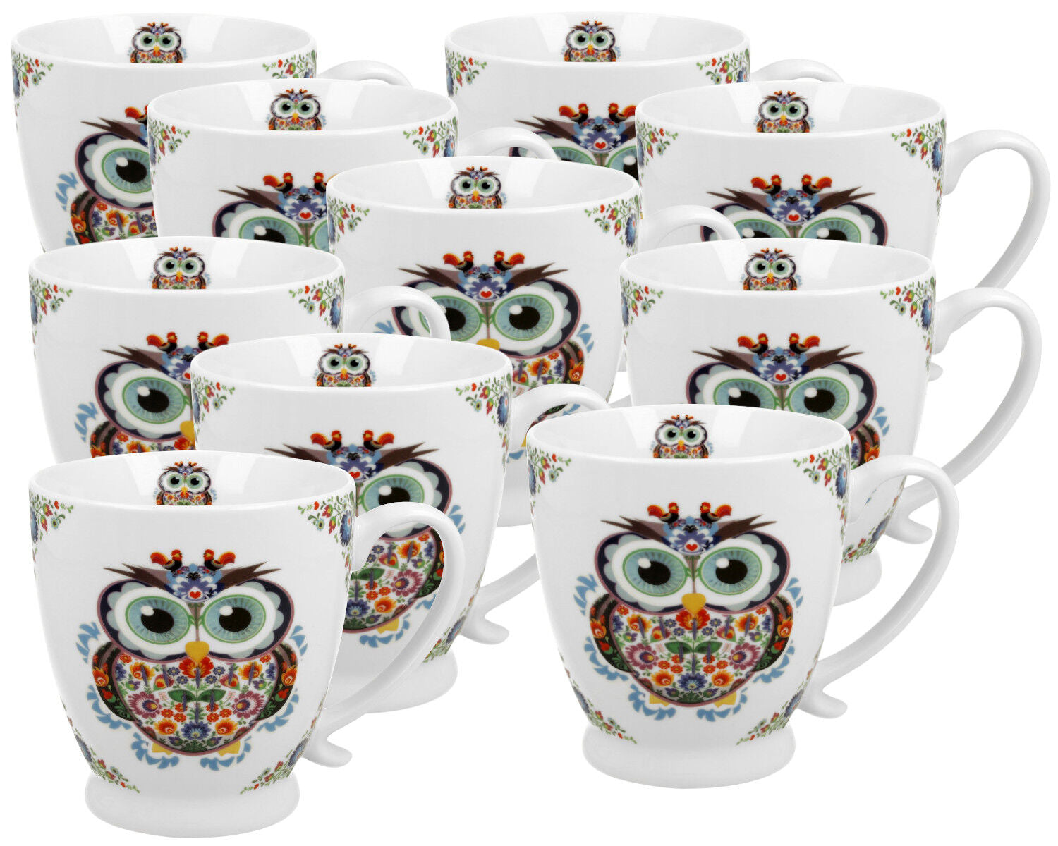 10er SET DUO ETNO Jumbobecher 480 ml OWL mit Fuß, New Bone China Porzellan