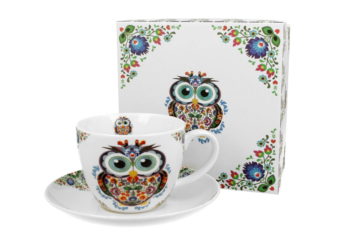 DUO ETNO Jumbobecher 470 ml OWL mit Untertasse, New Bone China Porzellan