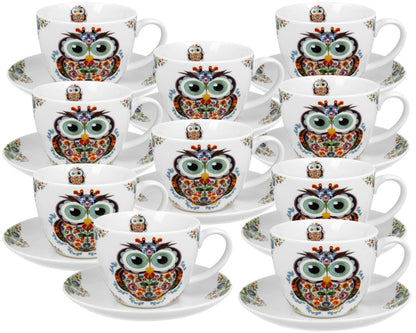 10er SET DUO ETNO Jumbobecher 470 ml OWL mit Untertasse, New Bone China Porzellan