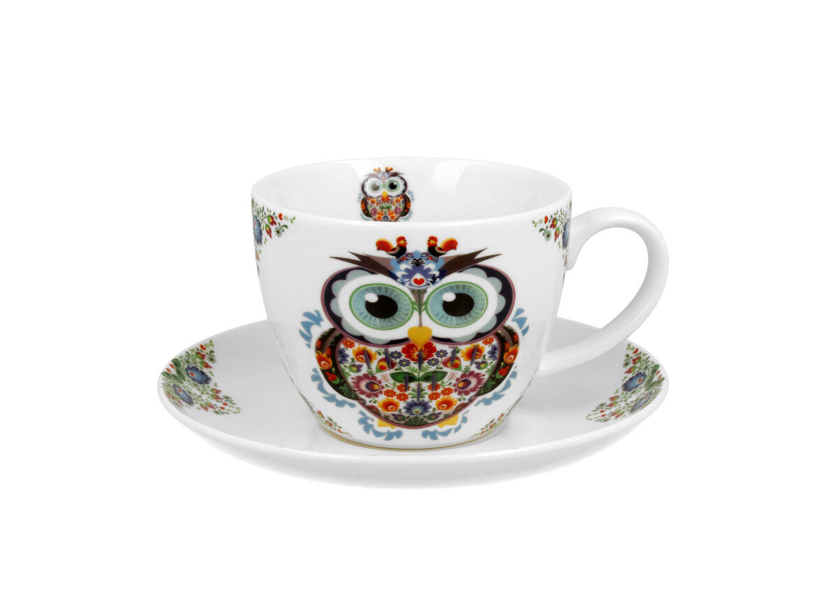 10er SET DUO ETNO Jumbobecher 470 ml OWL mit Untertasse, New Bone China Porzellan – Bild 2