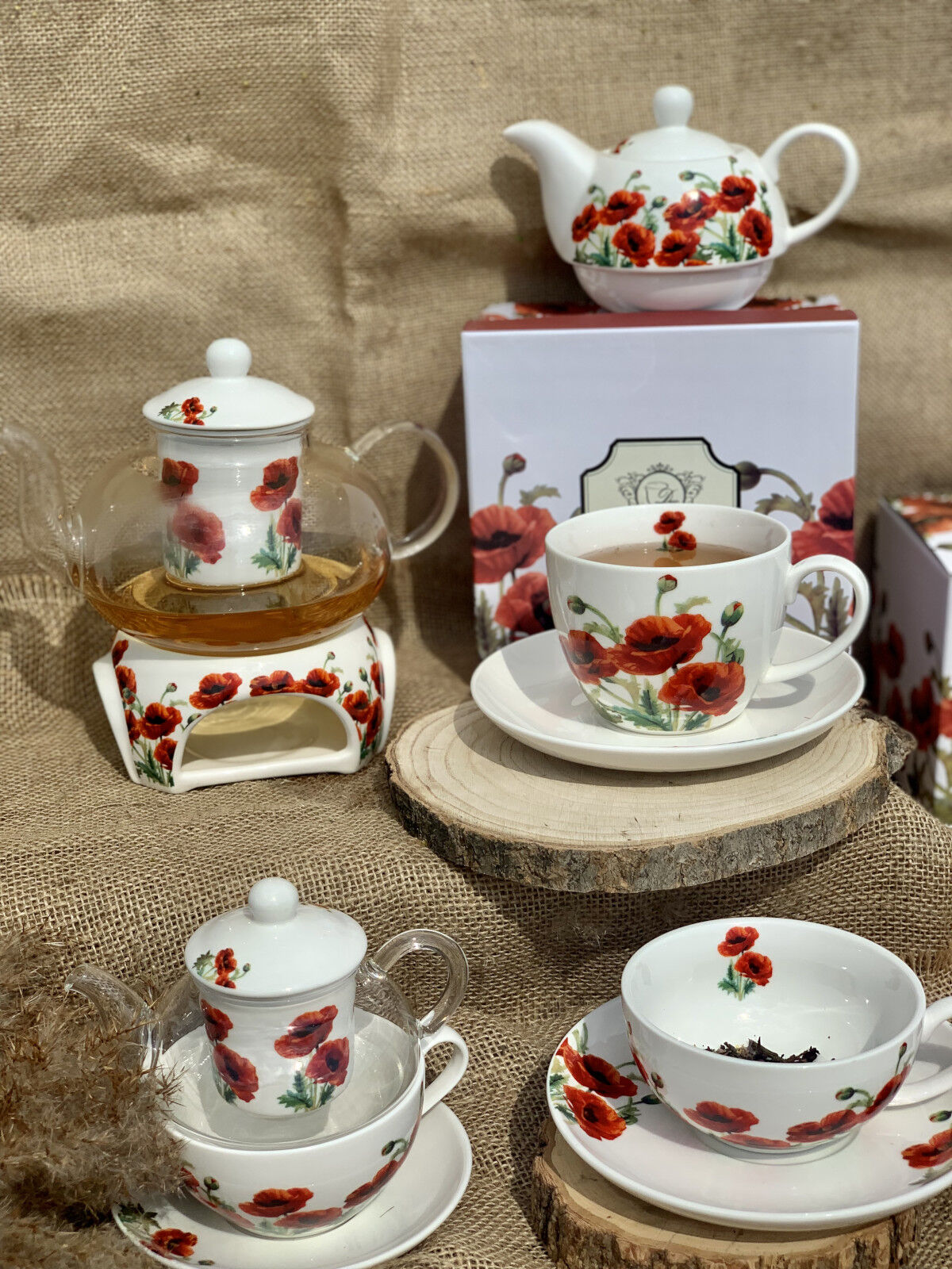 DUO FLORAL Tasse mit Teekanne CLASSIC POPPIES New Bone China Porzellan – Bild 5