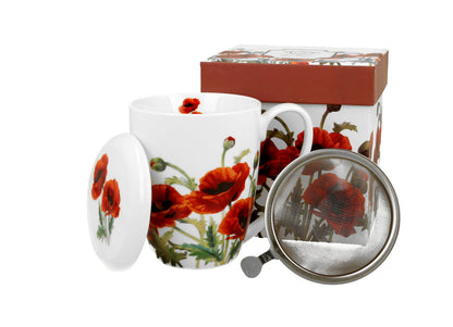 DUO FLORAL Becher 380 ml CLASSIC POPPIES mit Teesieb, New Bone China Porzellan