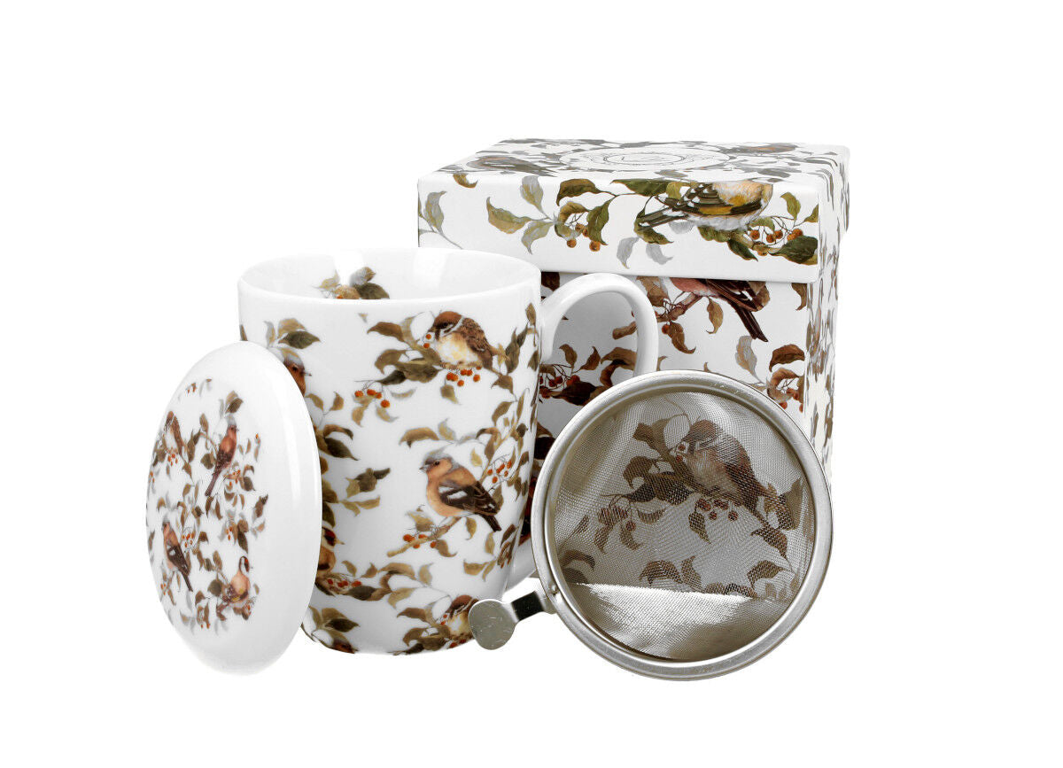 DUO ANIMALS Becher 380 ml BIRDIES mit Teesieb, New Bone China Porzellan