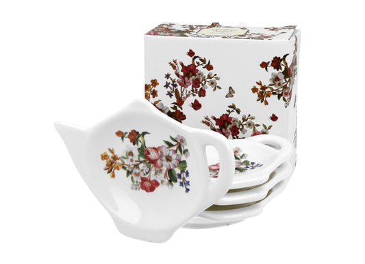 DUO FLORAL 4er-Set Teebeutelhalter VINTAGE FLOWERS WHITE New Bone China Porzellan