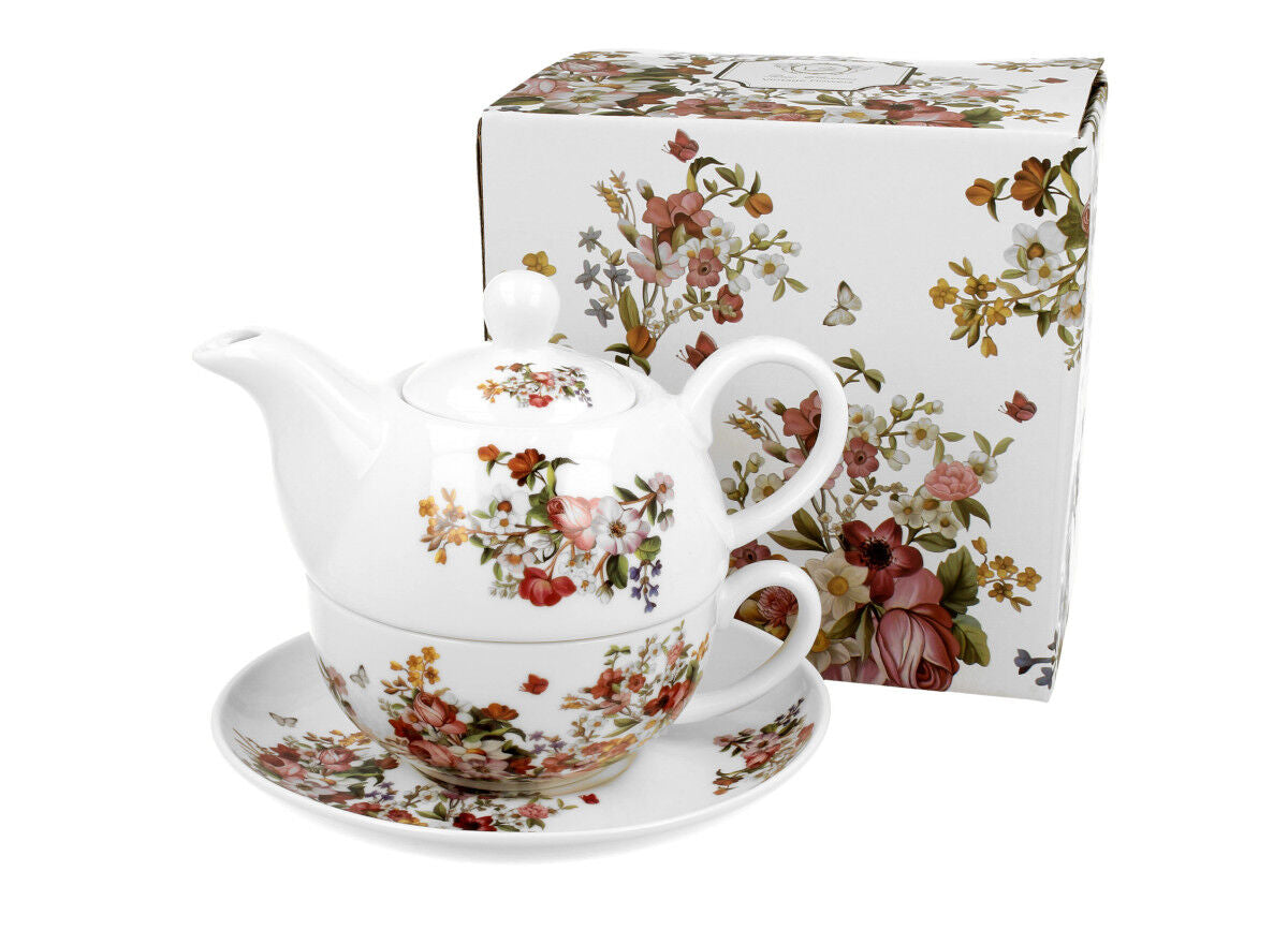 DUO FLORAL Tasse mit Teekanne VINTAGE FLOWERS WHITE New Bone China Porzellan