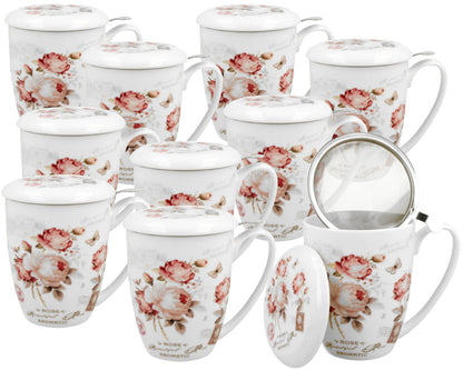 10er SET DUO FLORAL Becher 380 ml SECESSION mit Teesieb, New Bone China Porzellan