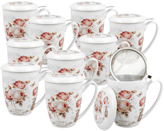 10er SET DUO FLORAL Becher 380 ml SECESSION mit Teesieb, New Bone China Porzellan