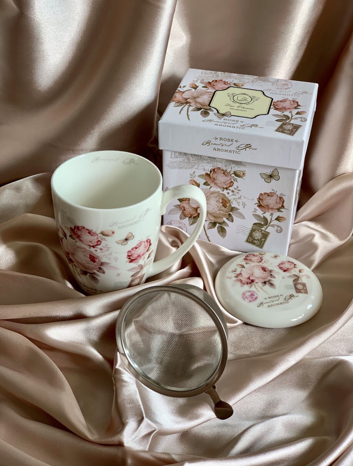 DUO FLORAL Becher 380 ml SECESSION mit Teesieb, New Bone China Porzellan – Bild 6