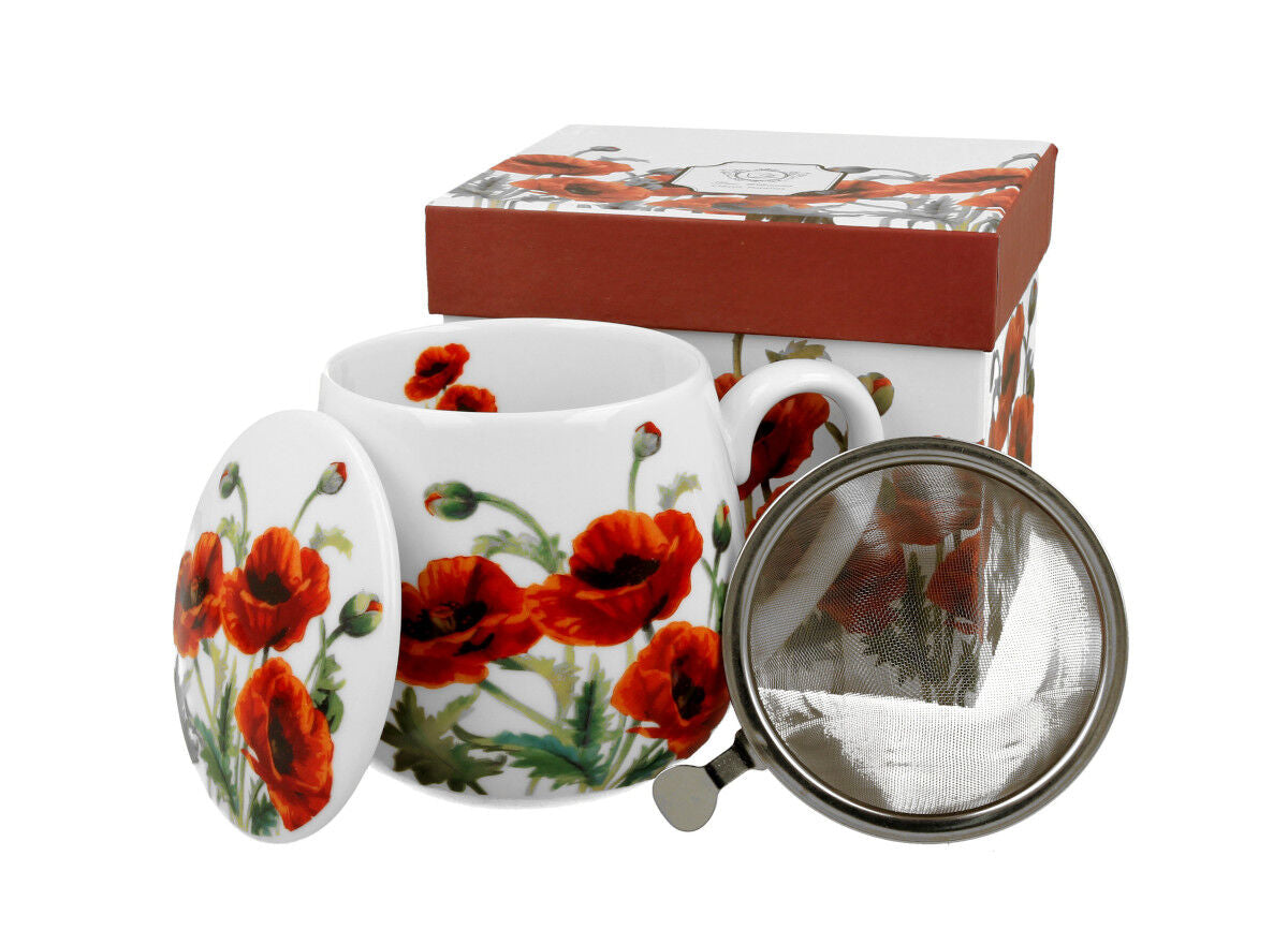 DUO FLORAL Fassbecher 430 ml CLASSIC POPPIES mit Teesieb, New Bone China Porzellan