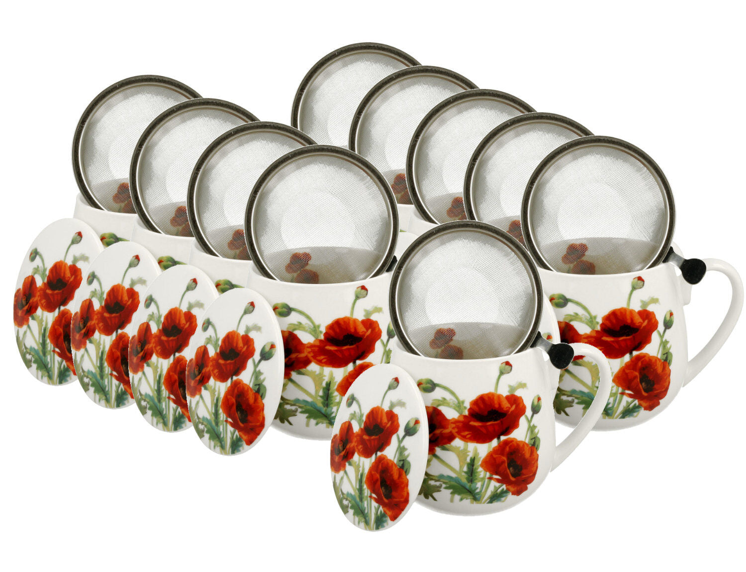 10er SET DUO FLORAL Fassbecher 430 ml CLASSIC POPPIES mit Teesieb, New Bone China Porzellan