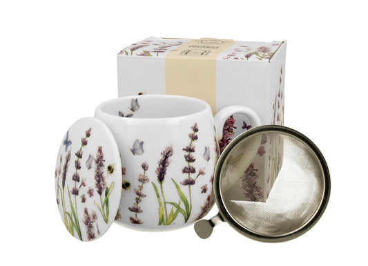 DUO FLORAL Fassbecher 430 ml CLASSIC LAVENDER mit Teesieb, New Bone China Porzellan
