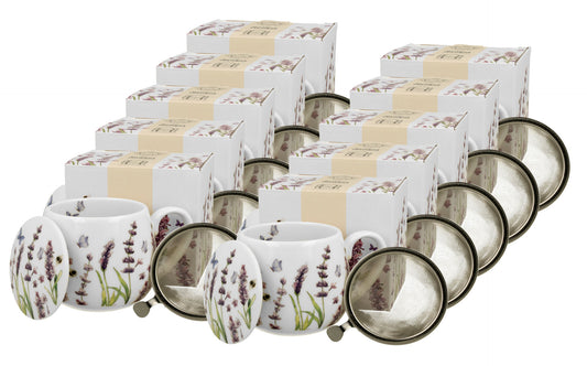 10er SET DUO FLORAL Fassbecher 430 ml CLASSIC LAVENDER mit Teesieb, New Bone China Porzellan