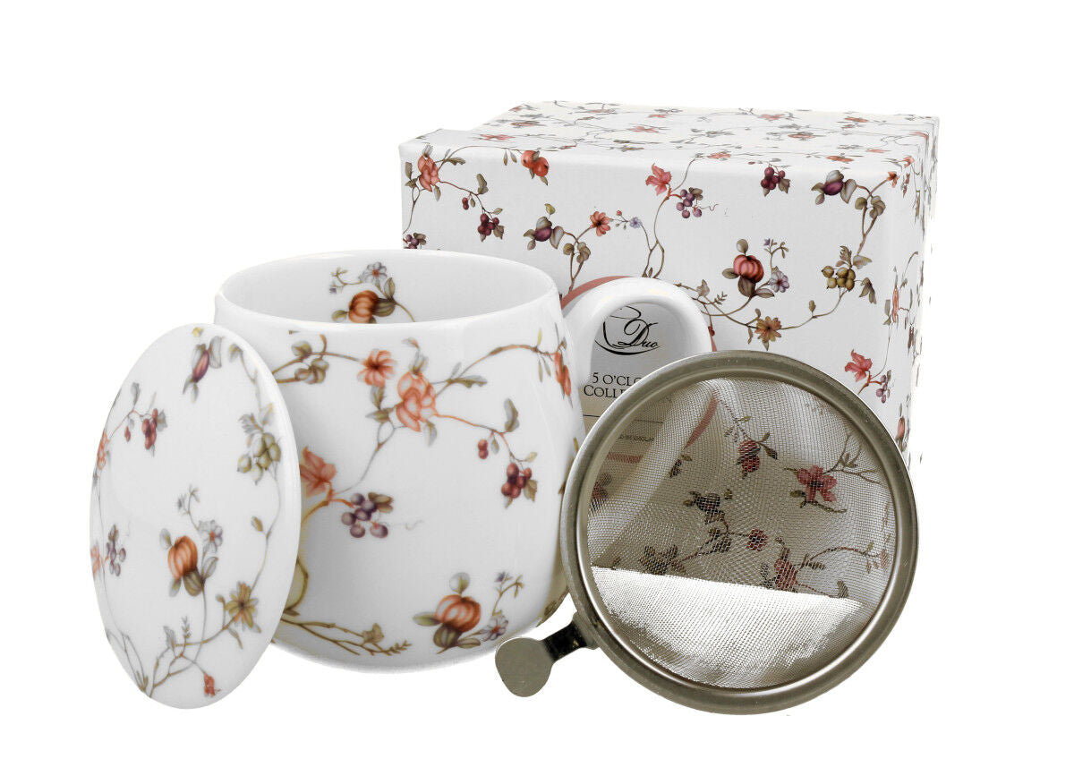 DUO FLORAL Fassbecher 430 ml SAFA mit Teesieb, New Bone China Porzellan