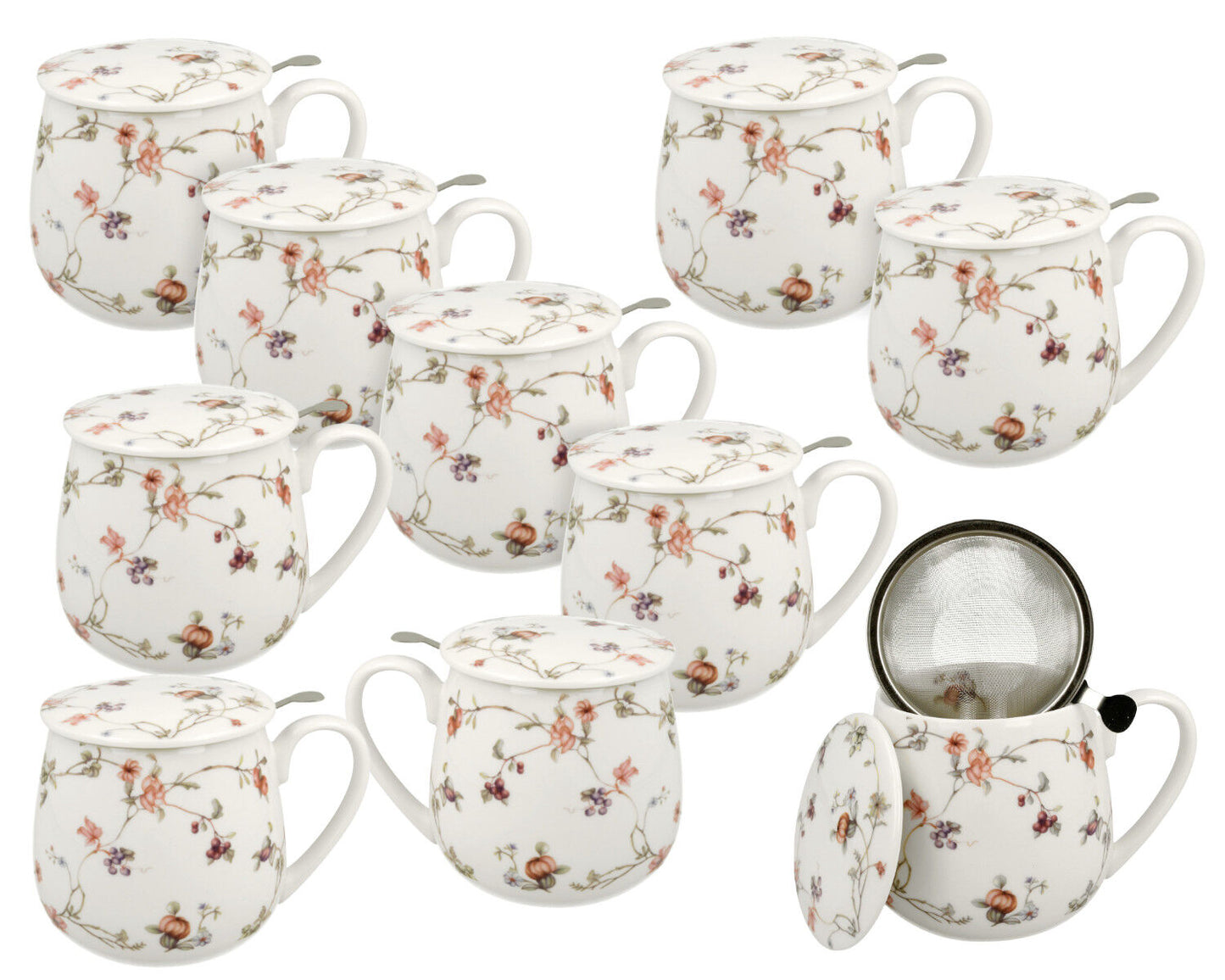 10er SET DUO FLORAL Fassbecher 430 ml SAFA mit Teesieb, New Bone China Porzellan