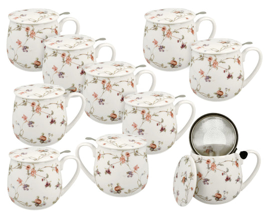 10er SET DUO FLORAL Fassbecher 430 ml SAFA mit Teesieb, New Bone China Porzellan