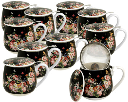 10er SET DUO FLORAL Fassbecher 430 ml VINTAGE FLOWERS BLACK mit Teesieb, New Bone China Porzellan