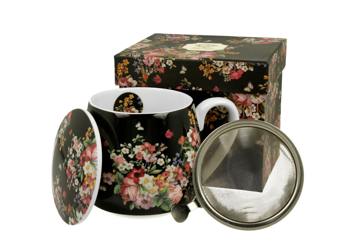 10er SET DUO FLORAL Fassbecher 430 ml VINTAGE FLOWERS BLACK mit Teesieb, New Bone China Porzellan – Bild 4