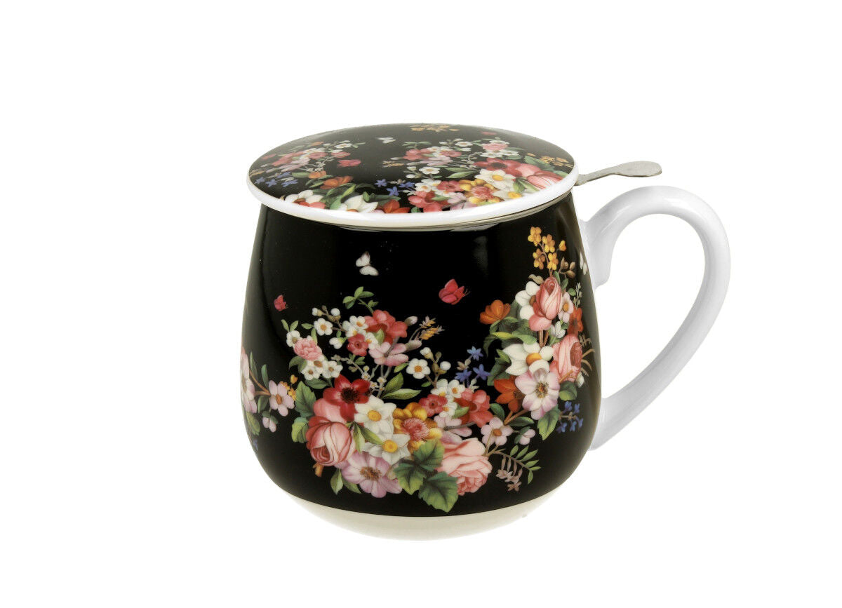 DUO FLORAL Fassbecher 430 ml VINTAGE FLOWERS BLACK mit Teesieb, New Bone China Porzellan – Bild 2