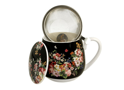 10er SET DUO FLORAL Fassbecher 430 ml VINTAGE FLOWERS BLACK mit Teesieb, New Bone China Porzellan – Bild 3