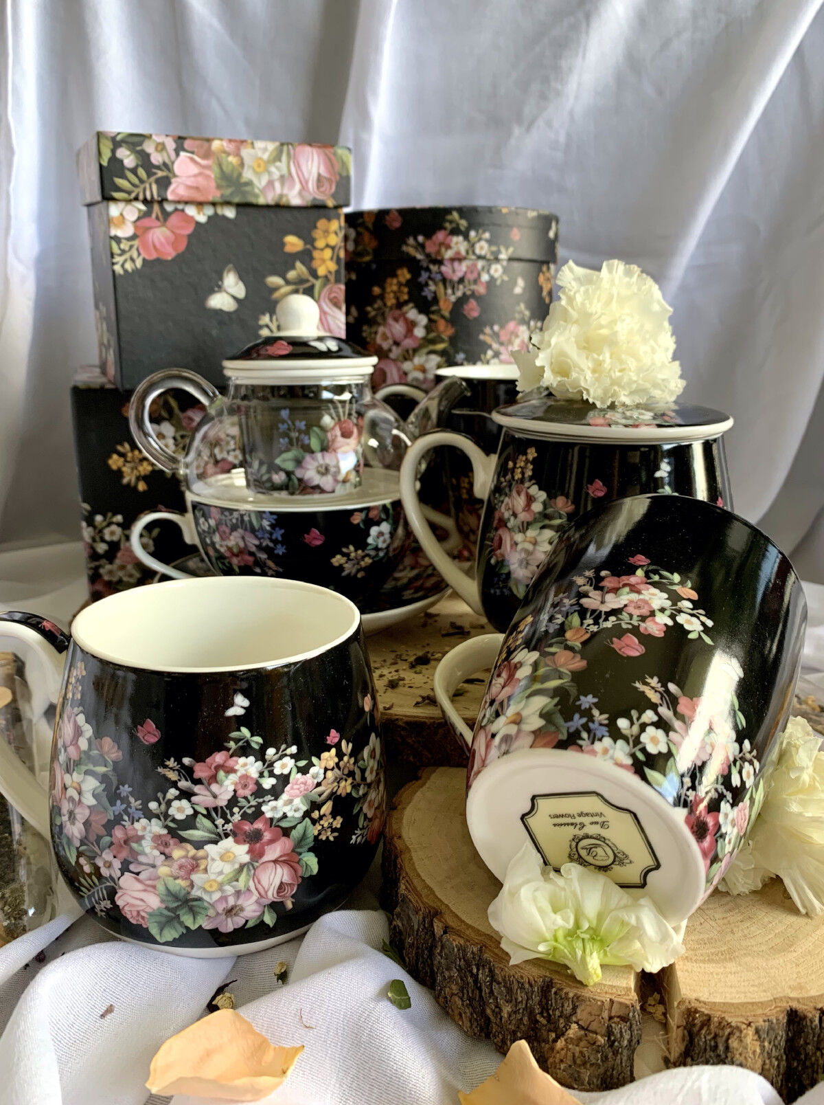 DUO FLORAL Fassbecher 430 ml VINTAGE FLOWERS BLACK mit Teesieb, New Bone China Porzellan – Bild 5