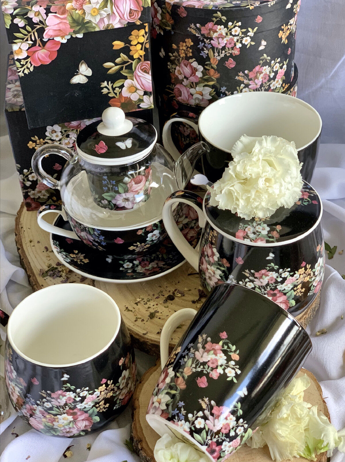 DUO FLORAL Fassbecher 430 ml VINTAGE FLOWERS BLACK mit Teesieb, New Bone China Porzellan – Bild 7