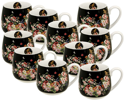 10er SET DUO FLORAL Fassbecher 430 ml VINTAGE FLOWERS BLACK New Bone China Porzellan