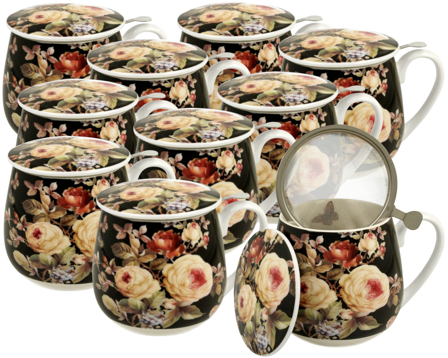 10er SET DUO FLORAL Fassbecher 430 ml WARDA mit Teesieb, New Bone China Porzellan