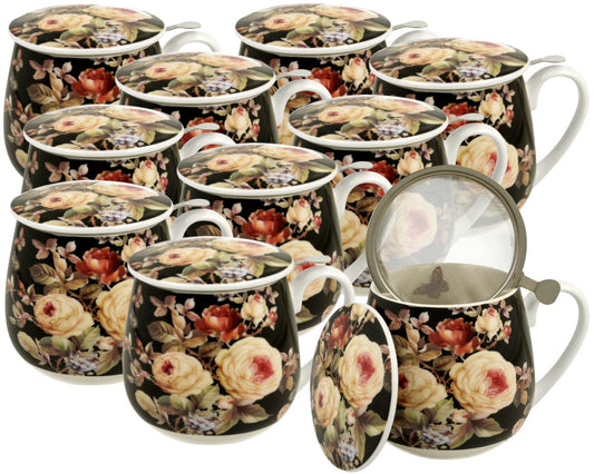 10er SET DUO FLORAL Fassbecher 430 ml WARDA mit Teesieb, New Bone China Porzellan