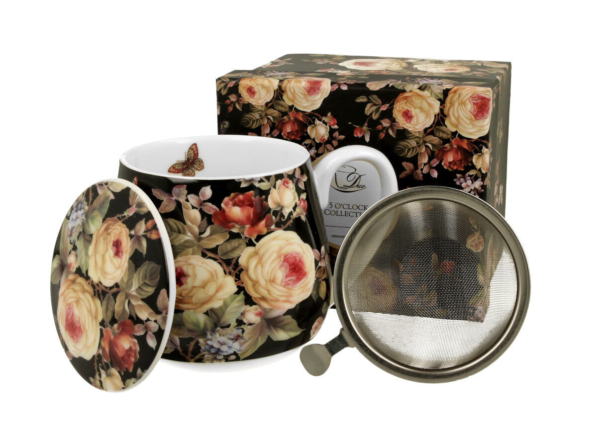10er SET DUO FLORAL Fassbecher 430 ml WARDA mit Teesieb, New Bone China Porzellan – Bild 4
