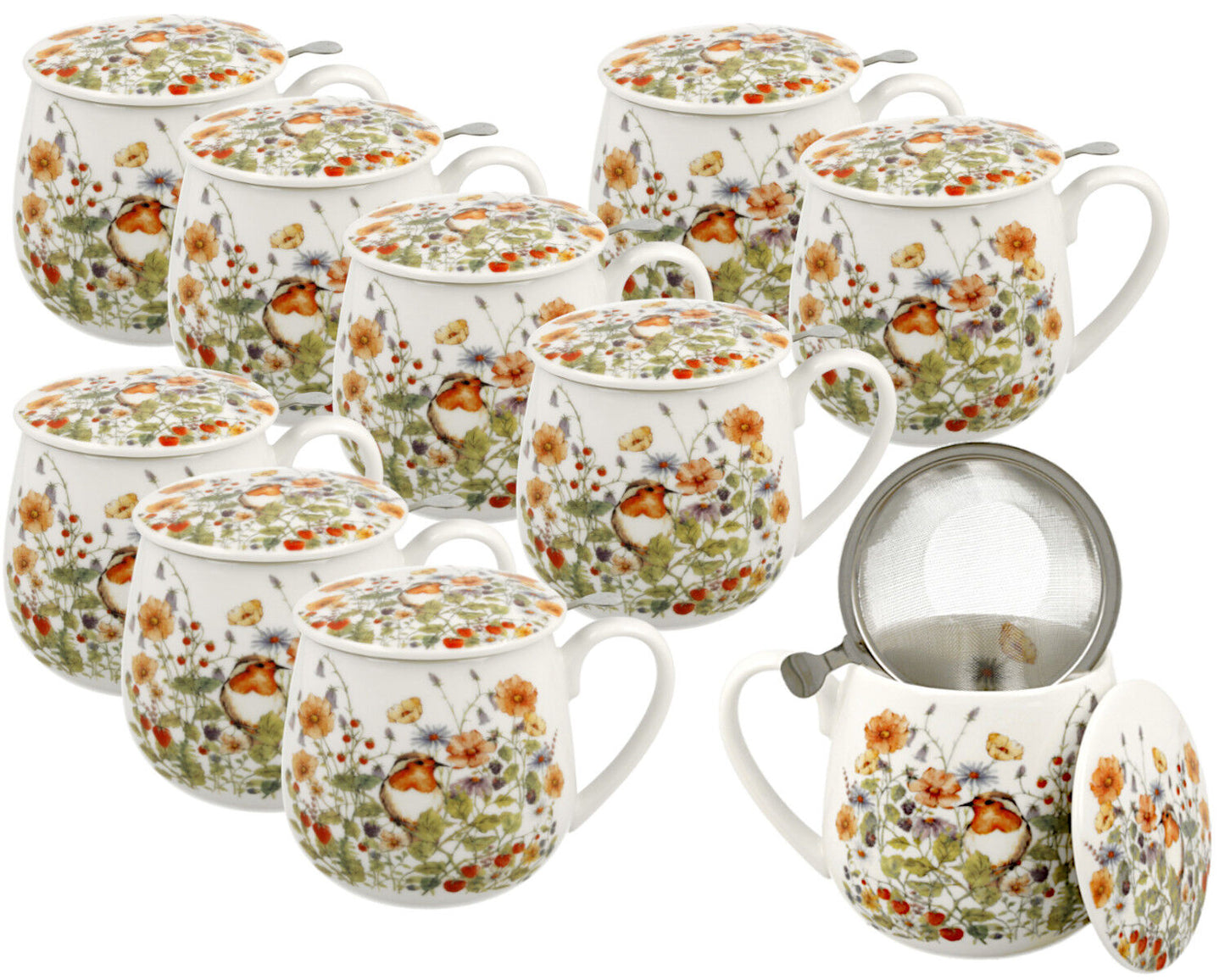 10er SET DUO FLORAL Fassbecher 430 ml WILD BIRDS mit Teesieb, New Bone China Porzellan