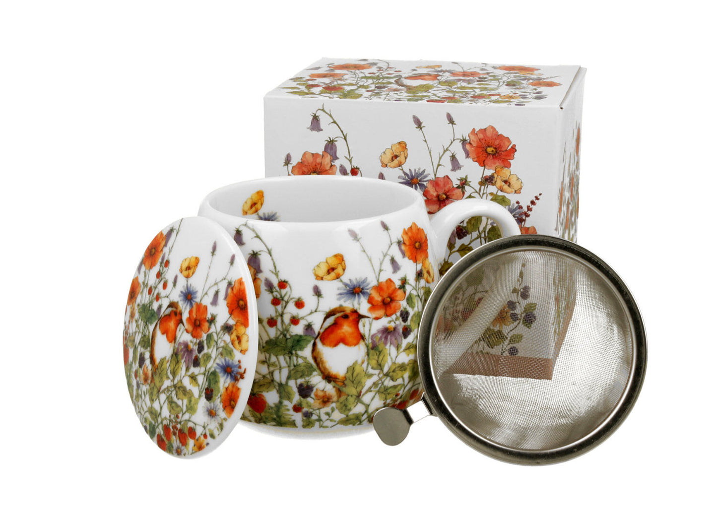 DUO FLORAL Fassbecher 430 ml WILD BIRD mit Teesieb, New Bone China Porzellan