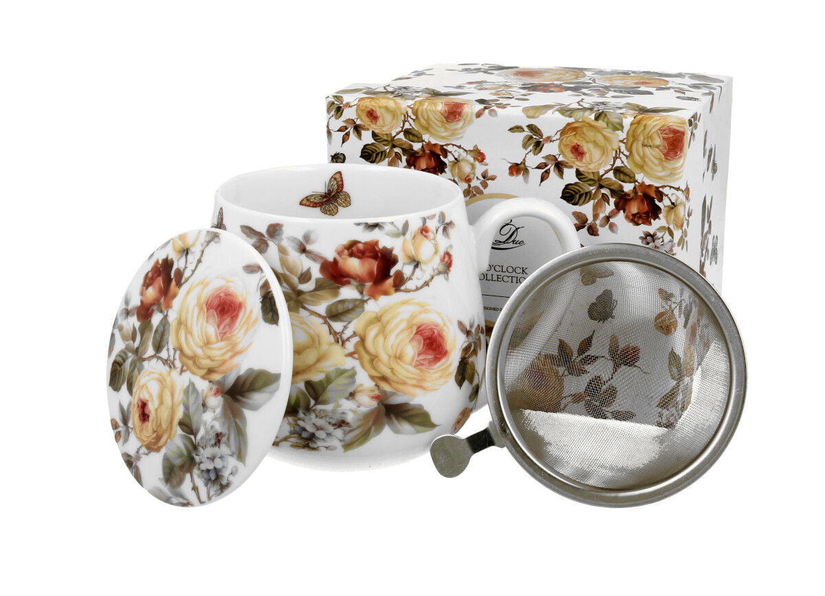 DUO FLORAL Fassbecher 430 ml ZAHRA mit Teesieb, New Bone China Porzellan