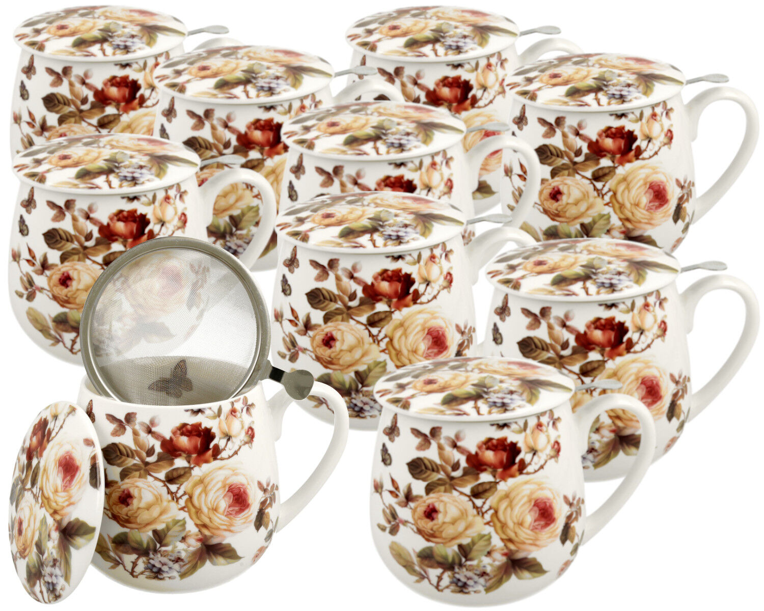 10er SET DUO FLORAL Fassbecher 430 ml ZAHRA mit Teesieb, New Bone China Porzellan