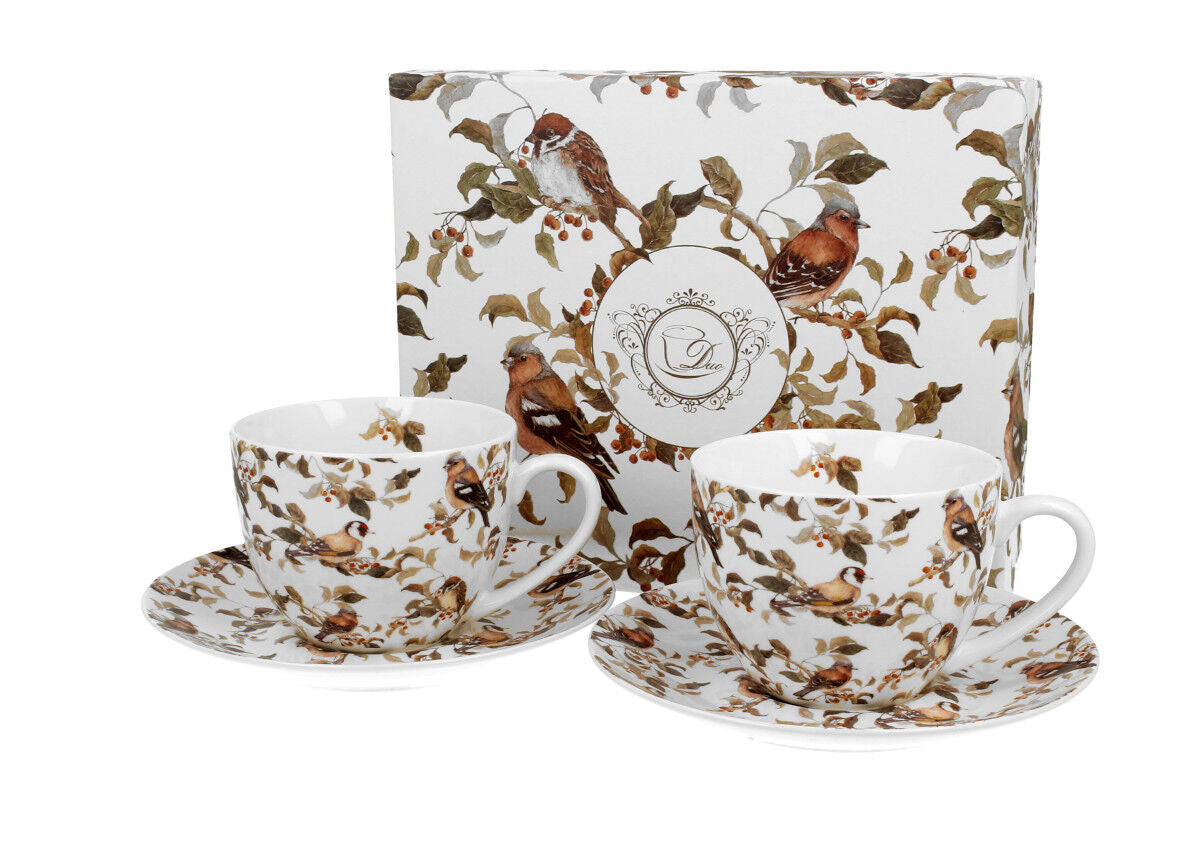 DUO ANIMALS 2er-Set Tassen 280 ml BIRDIES mit Untertassen, New Bone China Porzellan