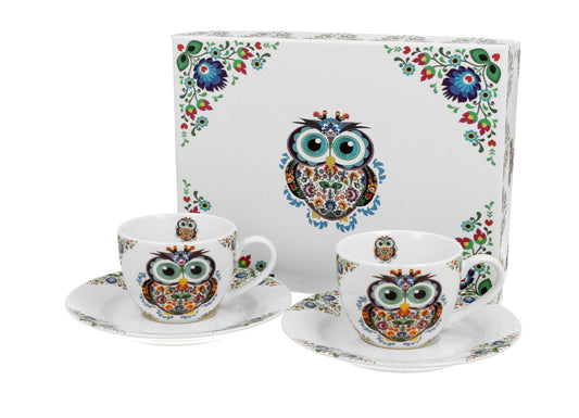 DUO ETNO 2er-Set Espressotassen 90 ml OWL mit Untertassen, New Bone China Porzellan
