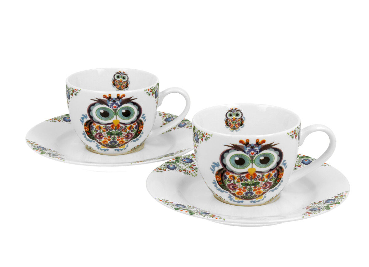 DUO ETNO 2er-Set Espressotassen 90 ml OWL mit Untertassen, New Bone China Porzellan – Bild 2