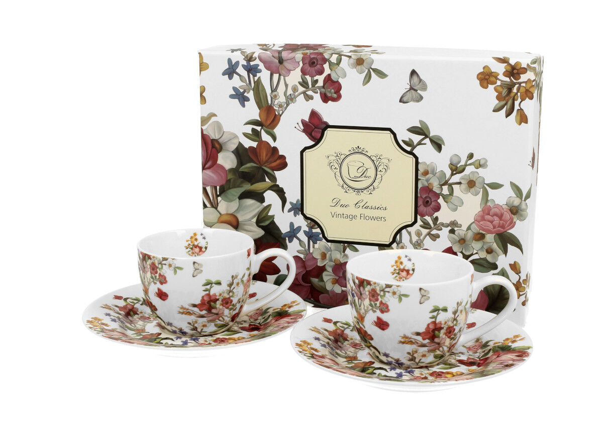 DUO FLORAL 2er-Set Espressotassen 90 ml VINTAGE FLOWERS WHITE mit Untertassen, New Bone China Porzellan