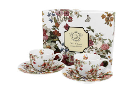 DUO FLORAL 2er-Set Espressotassen 90 ml VINTAGE FLOWERS WHITE mit Untertassen, New Bone China Porzellan